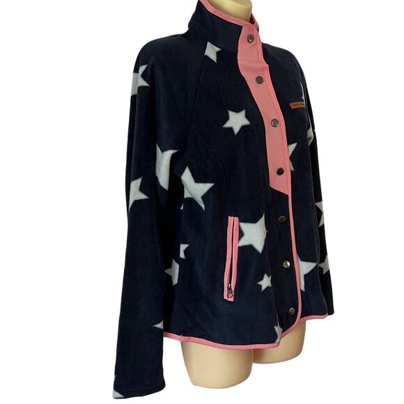 Simply Southern Navy Blue Star Print Fleece Jacket Woman Size Small Snap Front - Picture 2 of 10